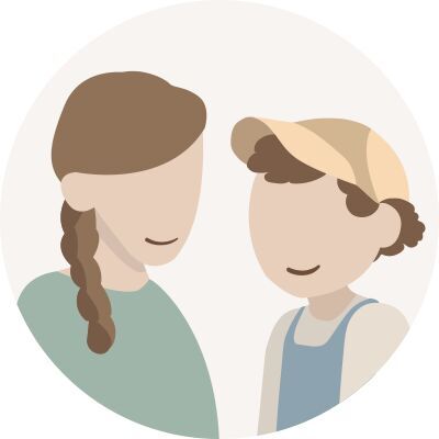Illustration von zwei jungen Menschen im Profil. Eine Person trägt einen Zopf mit rosa Schleife, die andere eine Kappe