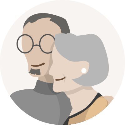Illustration eines älteren Paares, das sich aneinanderlehnt. Mann mit Brille und Stechpalmenmotiv am grauen Pullove