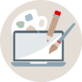 Ein Laptop mit Malutensilien wie Pinsel, Bleistift und einer Farbpalette